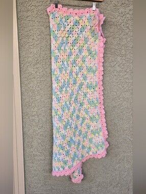 Vintage Handmade Pastel Crochet Baby Blanket with Pink Border